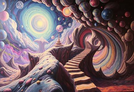 Within a surreal dreamscape, a mind-bending piece of art comes to life with illusionary depth and tilted angles. This psychedelic masterpiece transports viewers to a realm of subconscious artistry, where every detail defies reality. With dreamlike qualities and a mesmerizing mix of colors, the image exudes a sense of otherworldly wonder. Whether a painting or a digital creation, it captures the imagination with its ethereal beauty and impeccable execution. The artist's skill shines through, creating a truly exceptional and captivating work that is sure to leave a lasting impression.