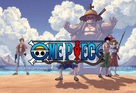 logo ps1 in visual and team of anime one piece whit world of this anilme in bckground