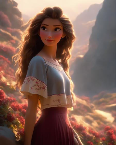 a historic young beautiful character, wearing a crop top with short skirt, looking at viewer, maroon cream black vintage, sunset, soft body, flowing hair, wild flowers, the start of spring, Shadow play, top view, light, mist, moody, glossy brown hair, earthy, vivid, red, purple, blue, cinematic, Film light, Hyper detailed, Hyper realistic, masterpiece, atmospheric, High resolution, Vibrant, High contrast, dark angle, cartoon style