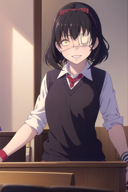 midariikishima, <lora:midari ikishima s2-lora-nochekaiser:1>,
midari ikishima, short hair, black hair, hairband, mole, (eyepatch:1.5), mole under mouth, smile, (yellow eyes:1.2), grin,
BREAK skirt, shirt, school uniform, pleated skirt, bandages, wristband, sweater vest, (red sweater vest:1.3),
BREAK indoors, classroom,
BREAK looking at viewer, (cowboy shot:1.5),
BREAK <lyco:GoodHands-beta2:1>, (masterpiece:1.2), best quality, high resolution, unity 8k wallpaper, (illustration:0.8), (beautiful detailed eyes:1.6), extremely detailed face, perfect lighting, extremely detailed CG, (perfect hands, perfect anatomy),