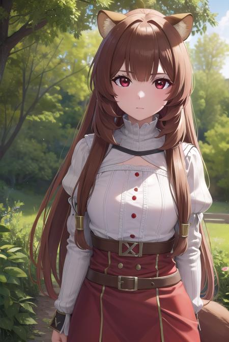 raphtalia, animal ears, brown hair, long hair, raccoon ears, raccoon girl, raccoon tail, (red eyes:1.5), tail, arm garter, belt, brown belt, brown dress, dress, juliet sleeves, long sleeves, puffy sleeves, short dress,