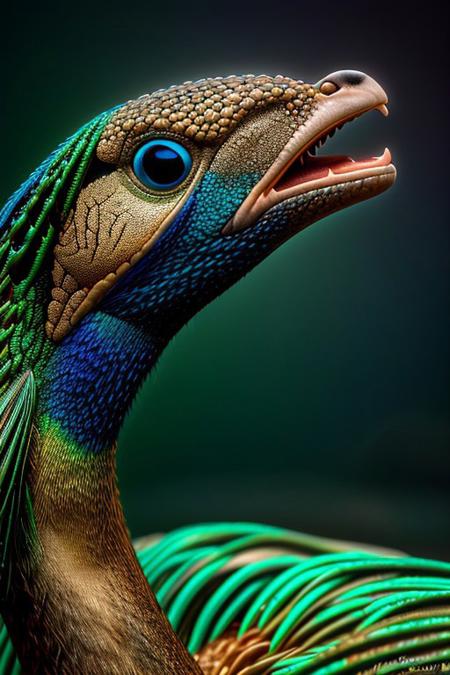 Create a photorealistic close up image of a peacock, feathers, vibrant colors and dark background, highly detailed, aesthetic, great lighting, extremely detailed,  award winning, perfect composition, a rich and complex image of nature, a vibrant tissue of hues and textures captured digitally, best quality, realistic, captivating, intricately detailed, hyper detailed, maximalist style, photorealist, sharp focus, dynamic lighting, superb composition, finest details, highest aesthetics, best quality, sharp focus, high contrast, stylized, clear, colorful, ultra quality, 8k, best quality, masterpiece,midjourneyv6.1, close up,