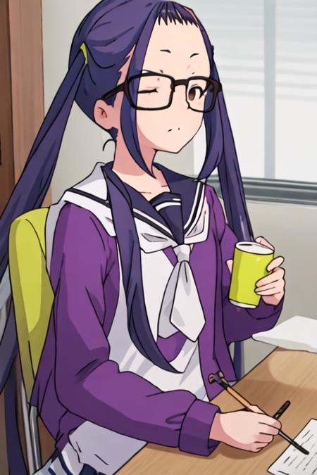 best quality, masterpiece, highres, solo, {ogaki_chiaki_yurucamp:1.15}, glasses, purple_hair, long_hair, brown_eyes, black-framed_eyewear, blue_hair, 1girl, closed_eyes, motosu_school_uniform, school_uniform, serafuku, sleeping, twintails, closed_mouth, sailor_collar, upper_body