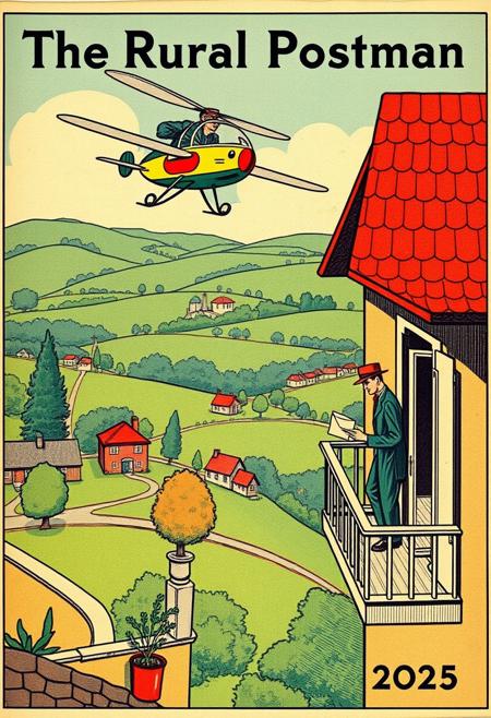 This vintage illustration portrays a whimsical futuristic scene, titled "The Rural Postman," envisioned for the year 2025. A postman is depicted flying a small, single-person aerial vehicle resembling a bird or insect in design, delivering mail to a man on a balcony. The scene captures a picturesque rural setting with houses, trees, and rolling hills in the background. The colorful and imaginative artwork combines pastoral charm with fantastical technological innovation, reflecting early 20th-century futurism.