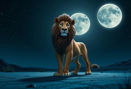 A majestic Pixar-style lion stands proudly in a moonlit night landscape. The camera frames the lion's regal pose against a serene, star-studded sky with a full moon casting a silver glow on the surrounding terrain. Soft, gentle lighting accentuates the lion's fur, while the dark shadows beneath its paws and around its eyes create depth.