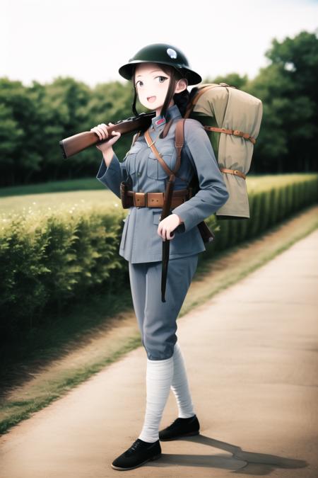 masterpiece, best quality, absurdres, high resolution, extremely detailed, 1girl, solo, <lora:NRAuniformv0:0.85>, leather belt pouch,  black long hair, single braid,  smile,  open mouth, battlefield,  outdoors,   backpack,uniform, military_uniform, military, NRA1926,ufo helmet,helmet badge,armband,light blue uniform,rifle,bolt_action, holding_weapon,holding_gun,leg wrappings,leg_wrap, infantryman's puttee,black shoes,NRA soldier, large breasts,  narrow waist, <lora:shimadaFumikaneStyle_v2:1>