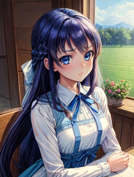 best quality, masterpiece, highres, detailed, digital illustration, <lora:Tools - add_detail:0.2>, RikaHishikawa, blue eyes, blue hair, long hair, <lora:Character - RikaHishikawa:0.8>, white sleeves, blue dress, ribbon, long sleeves, jealous, farm , upper body ,  jojo pose,