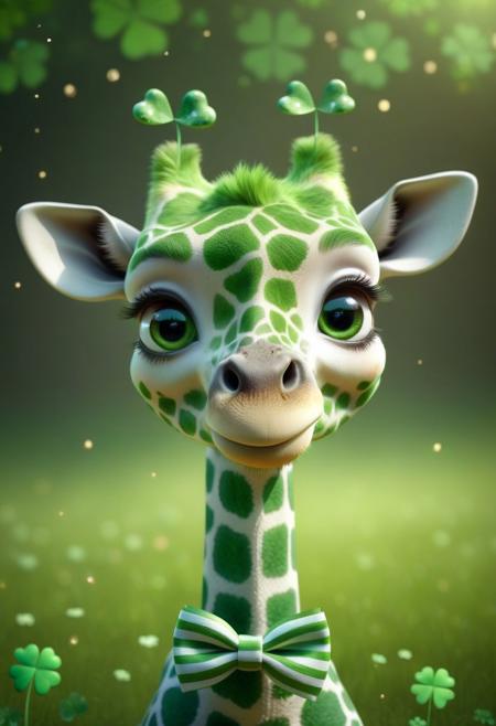 8k, photorealistic, dof, colourful, soft light, high-resolution picture,
A cute green giraffe made, 
big eyes, detailed eyes, 
ShamrockWorld, clover, four-leaf clover, light particles, bow, striped, bowtie,
meadow background,