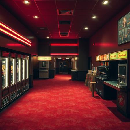 A liminal space inside the lobby of an empty movie theater, frozen in time. The dim neon lights cast a soft, buzzing glow over the faded red carpet, patterned with geometric designs worn down by decades of footsteps. The scent of stale popcorn and artificial butter lingers in the air, mixing with the faint hum of the soda machines, still running despite the absence of customers.
Rows of vacant ticket kiosks stand silent, their glass windows reflecting the flickering glow of the old marquee above. The concession stand, once bustling with life, is now eerily still—popcorn bags stacked neatly, soda dispensers blinking idly, a lone cash register left slightly open. Cardboard cutouts of long-past movie releases stand in the corners, their smiling faces and bold taglines frozen in a moment that no longer exists.
A hallway leading to the darkened auditoriums looms in the distance, its entrance swallowed in shadow. The only sound is the distant crackle of an unattended speaker, playing the looping jingle of the theater chain’s advertisement. This place feels like a memory you can’t place, an in-between moment where time has stalled—an echo of countless nights spent here, but now, you're alone.