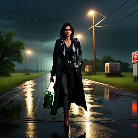 A young woman walking along a desolate country road in the middle of nowhere at night in drizzling rain. She is wearing black jeans and a dark trench coat. Her dark hair is soaking wet from the rain. In her hand she is holding a gasoline can indicating that she have run out of gas and is walking to find a place to get some spare gas.