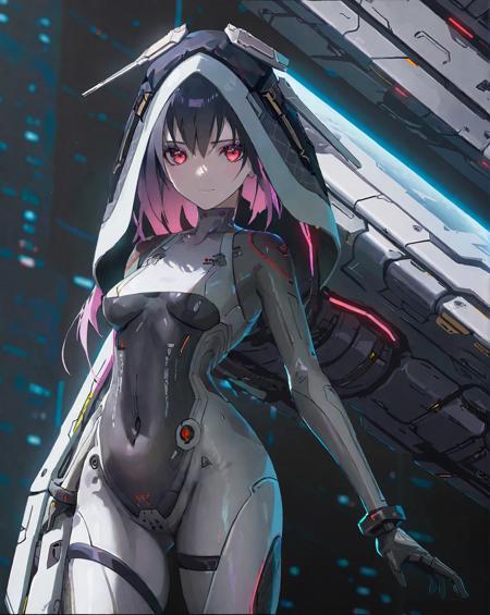 (1girl:1.2),(solo:1.2),masterpiece,best quality,highly detailed,best quality,photo realistic,depth of field,highres,extremely detailed wallpaper,third-party edit,<lora:LyraLoraXL:1>,(serious:1.5),extremely detailed bodysuit,covered navel,red eyes,(universe,cyberpunk spaceship:1.3),