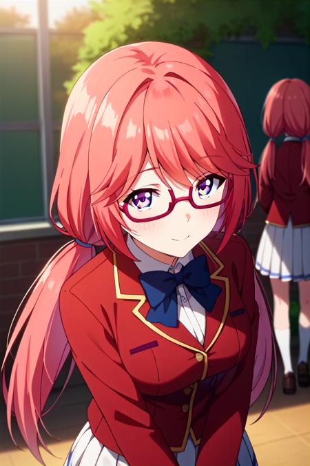 airi sakura, blue eyes,, long hair, red hair, low twintails, glasses school uniform, bow tie, red jacket, white skirt, pleated skirt, stockings