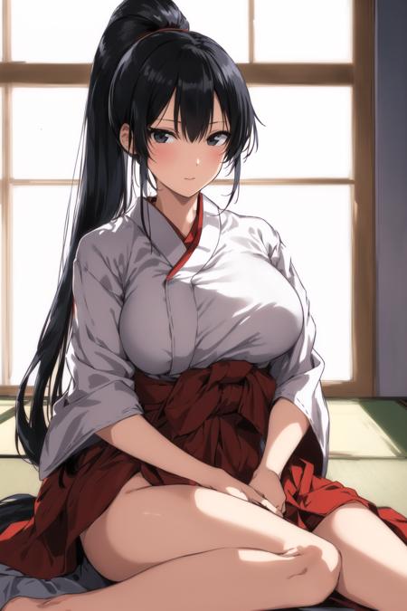 (day:1.7), in a room with a window,
sitting on the floor,
red_Hakama with white_kimono,japanese clothes,
 <lora:Shiramine_Kuou_Angel_Academy-KK77-V1:0.7>,
Black eyes, Black hair,bangs, Long_hair, High ponytail, 
1 girl, 20yo,mature female,Beautiful Finger,Beautiful long legs,Beautiful body,Beautiful Nose,Beautiful character design, perfect eyes, perfect face,
looking at viewer, in the center of the image,focus on face,
NSFW,official art,extremely detailed CG unity 8k wallpaper, perfect lighting,Colorful, Bright_Front_face_Lighting,
(masterpiece:1.0),(best_quality:1.0), ultra high res,4K,ultra-detailed,
photography, 8K, HDR, highres, absurdres:1.2, Kodak portra 400, film grain, blurry background, bokeh:1.2, lens flare, (vibrant_color:1.2)
(Beautiful,Large_Breasts:1.2), (beautiful_face:1.5),(narrow_waist),