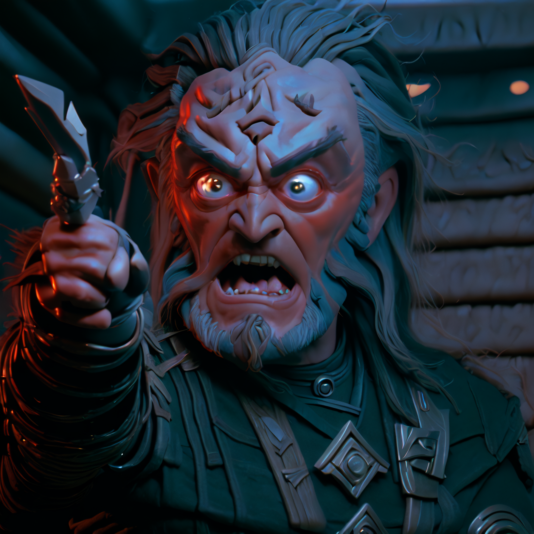 medium shot, tng-gowron raising his fist in the air withLora(n47-v1-tng-gowron,0.75) angry++ wide open eyes withLora(_3DMM...
