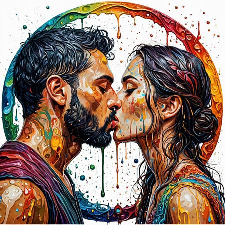 Finely detailed vector illustration, man and woman kissing, seduction, ultra realistic quality,circle symbols,white background, oil painting, hyperdetailed, intricately detailed,  triadic colors,fantastical,intricate detail,splash screen,complementary colors, fantasy concept art, 8k resolution, masterpiece,oil painting,heavy strokes,paint dripping.