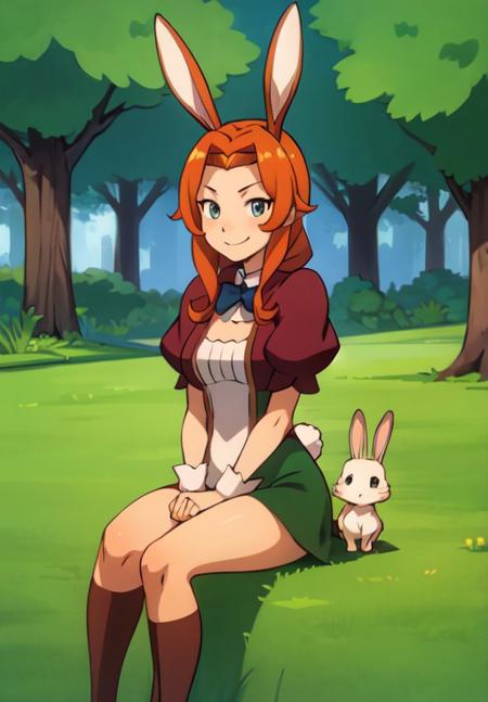 <lora:gate_d:0.8>, gate_d, rabbit girl, sitting, grass, smile