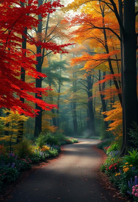 (masterpiece), best quality, expressive eyes, perfect face, vibrant color,
A serene forest path winding through towering trees with vibrant autumn foliage in shades of red, orange, and yellow. Soft light filters through the leaves, creating a warm glow, while colorful flowers bloom alongside the path, adding splashes of color to the lush greenery. A gentle mist hangs in the air, enhancing the peaceful atmosphere of this enchanting landscape.