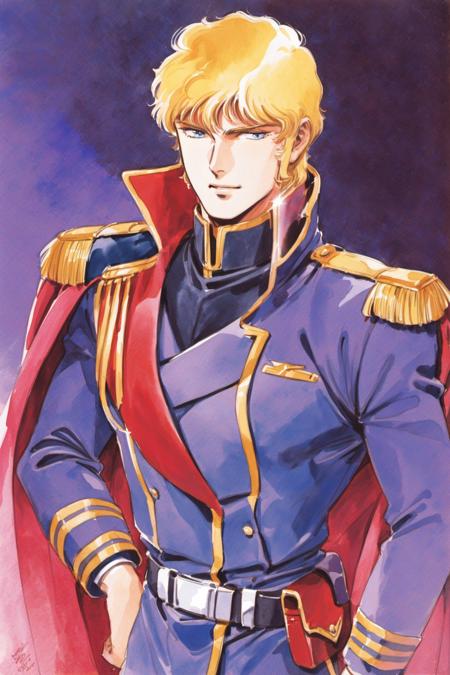 Char Aznable, 1boy, solo, male focus, blonde hair, uniform, military, military uniform, blue eyes, belt, holding, epaulettes, traditional media, watercolor \(medium\),<lora:Hiroyuki Kitazume _XL:0.8>