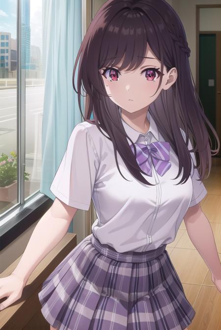 mariakurose, <lora:maria kurose s1-lora-nochekaiser:0.8>,
maria kurose, long hair, black hair, (red eyes:1.3), mole, mole under eye,
BREAK skirt, shirt, bow, school uniform, white shirt, short sleeves, pleated skirt, bowtie, plaid, plaid skirt, purple bow,
BREAK indoors, classroom,
BREAK looking at viewer, (cowboy shot:1.5),
BREAK <lyco:GoodHands-beta2:1>, (masterpiece:1.2), best quality, high resolution, unity 8k wallpaper, (illustration:0.8), (beautiful detailed eyes:1.6), extremely detailed face, perfect lighting, extremely detailed CG, (perfect hands, perfect anatomy),