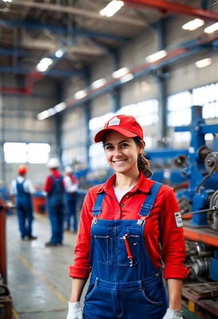 realistic, photograph, detailed photography, high quality, depth of field, tilt shift, white balance, volumetric lighting, 
A factory worker, female, solo, Spanish, portrait, factory background, (blue denim overalls, red shirt, holding wrench, wearing red cap with white patch in front), she wears white gloves, she adjusts her cap, smiling