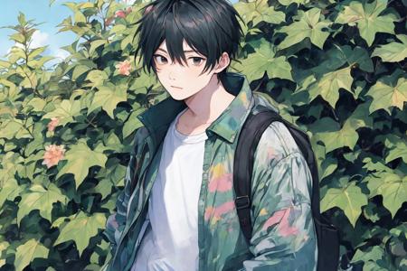 1boy,outdoors,summer,  a man with a jacket on and a jacket on and a jacket on his shoulder and a jacket on his shoulder and a jacket on his shoulder, (a manga drawing:0.283)(male_focus:0.970),(1boy:0.958), (solo:0.883), (black_eyes:0.847),  (short_hair:0.762), (jacket:0.705), (face:0.692), (plant:0.656)