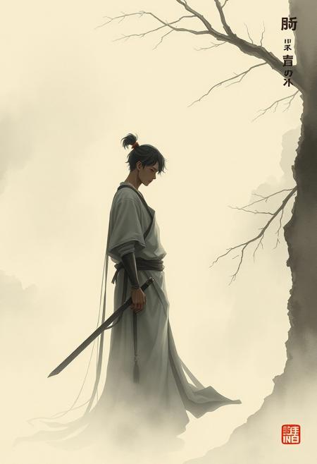 A serene, introspective male figure, knight and vulnerable, is bathed in the soft, diffused light of a Japanese-inspired setting. The sumi-e ink wash painting style is employed to create a sense of subtlety and restraint, with gentle brushstrokes and muted tones. In the foreground, the subject's delicate form is rendered in subtle chiaroscuro, as if illuminated by a faint, otherworldly glow. The overall composition exudes a sense of quiet contemplation, inviting the viewer to step into the peaceful, zen-like atmosphere., masterpiece,best quality,official art, extremely detailed 8k wallpaper,absurdres,8k resolution