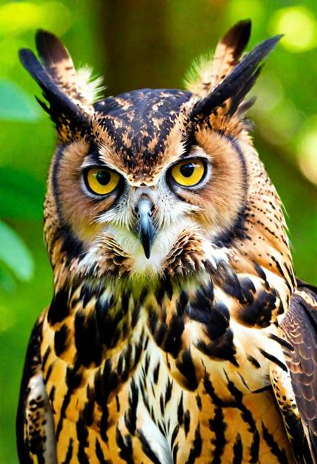 Create an ultra-realistic image of a hypothetical creature, a blend of various animal traits to form a unique, imaginative being. This creature should have a detailed and lifelike appearance, showcasing a combination of features such as the majestic wings of an eagle, the sleek body of a panther, and the wise eyes of an owl. Its skin or fur should have a rich texture, reflecting a natural environment, perhaps with patterns or colors that suggest camouflage or display. The creature's pose and expression should convey its character, whether it's cunning, noble, or mystical. The setting should complement the creature, perhaps a lush, fantastical forest or a rugged, unexplored wilderness. The focus should be on the intricate details of the creature's anatomy and the interplay of its combined traits, creating a believable yet fantastical entity