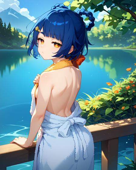 blue_hair short_hair hair_between_eyes brow_braid hair_ornament small_breasts  braided_bows golden_eyes xiangling_shana