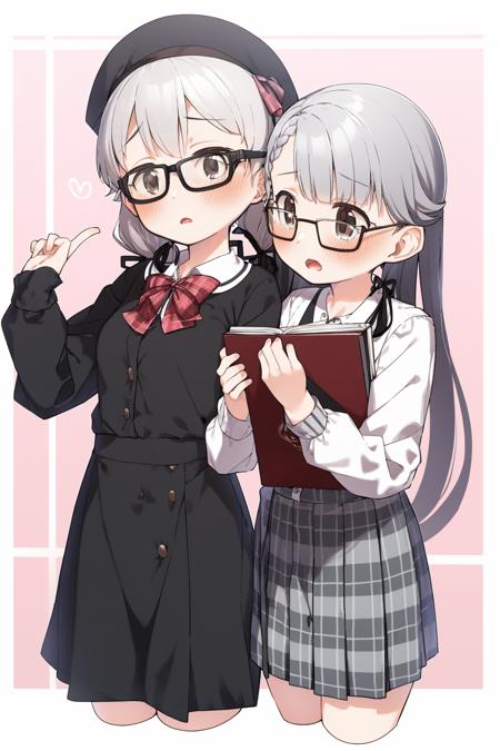 masterpiece, best quality, <lora:style21:1>,
multiple girls, long hair, 2girls, yellow-framed eyewear, shirt, brown eyes, twintails, , skirt, hat, low twintails, very long hair, holding, long sleeves, pleated skirt, white shirt, beret, glasses, grey hair, bangs, puffy sleeves, ribbon, plaid, black ribbon, bow, hand on hip, adjusting eyewear, collared shirt, black headwear, hair ribbon, dress, brown hair, puffy long sleeves, black skirt, arm up, brown-framed eyewear, dress shirt, cropped legs, parted lips, closed mouth, hair over shoulder, holding book, blush, grey skirt, book, heart, pink-framed eyewear, braid, red bow, plaid skirt, black shirt, tinted eyewear, collared dress, morikubo nono, grey eyes, grey-framed eyewear, sleeves past wrists, white jacket, white-framed eyewear, hand on eyewear, red-framed eyewear, bespectacled, object hug, cardigan, black dress, white hair, open mouth, semi-rimless eyewear