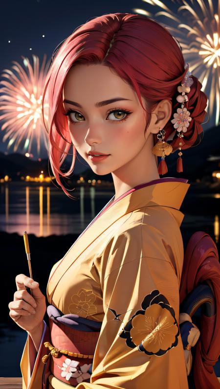 (best quality, masterpiece, colorful, dynamic angle, highest detailed)upper body photo, fashion photography of a cute marocco  girl with iridiscent pink hair, flirting with POV, in traditional japanese gold&black kimono, ultra detailed kimono textures, high contrast, night, kyoto, fireworks,  (intricate details, hyperdetailed:1.15), detailed, moonlight passing through hair, (official art, extreme detailed, highest detailed),