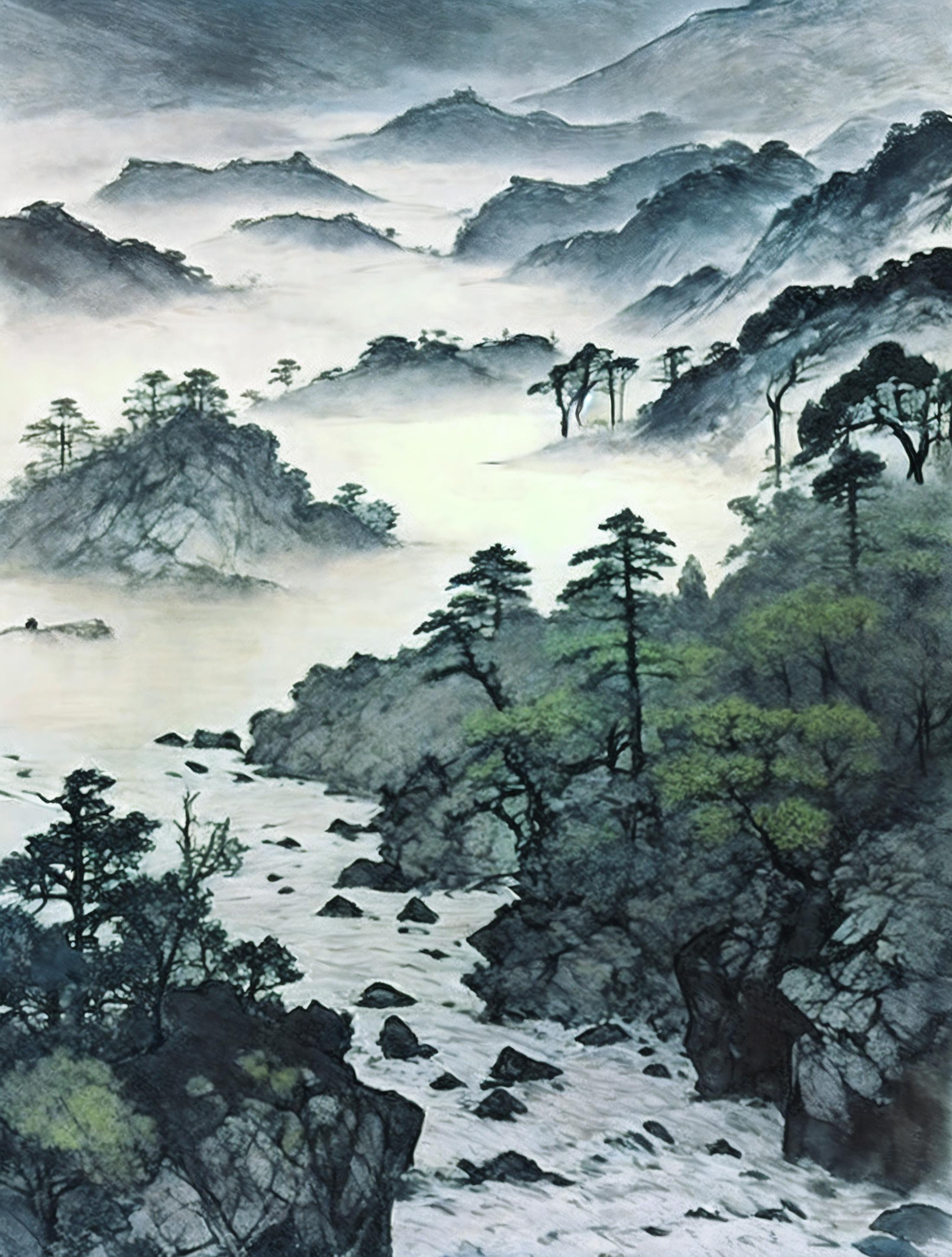 A Painting of a River Between Mountains and Trees