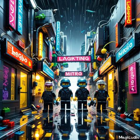a cyberpunk alley recreated from dark LEGO blocks, neon signage clipped from fluorescent plates, rain simulated with clear rods, minifigs wearing visor helmets and cyber limbs, glowing puddles reflecting blocky silhouettes, LEGO