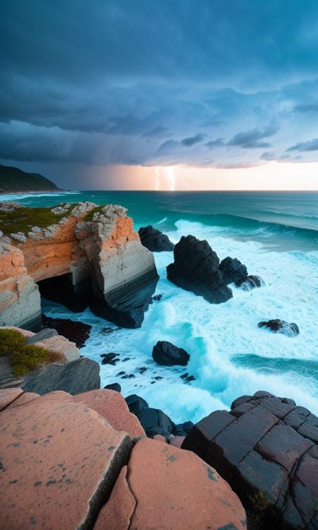 photo of coastline, rocks, storm weather, wind, waves, lightning, 8k uhd, dslr, soft lighting, high quality, film grain, Fujifilm XT3