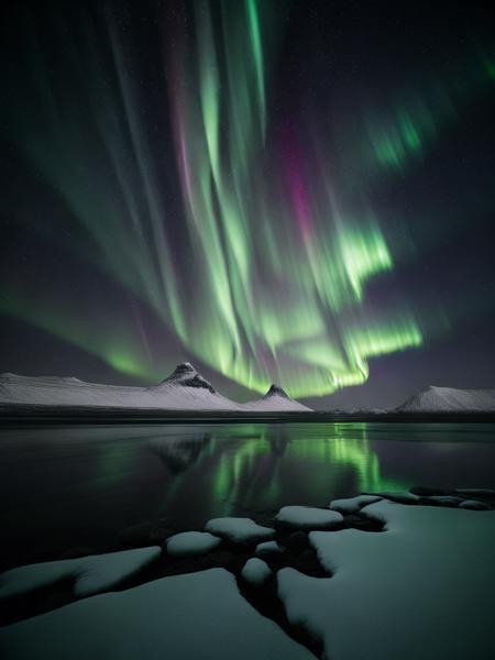 <lora:VerticalLandscapes:1>the aurora lights up the night sky over a body of water