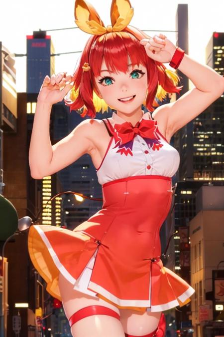 1girl, fumihausu, green eyes, hair bow, red hair, blonde hair, multicolored hair, short hair, hairband, hair ornament, sleeveless, dress, short skirt, bow, (city:1.3), (smile:1.1), looking at viewer <lora:fumi_hausu:0.7>