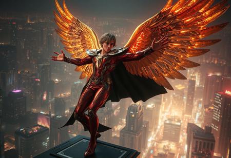 Dynamic Shining Angel in vibrant red & black suit, opulent gold filigree, flowing black cape, poised on platform above nocturnal cyberpunk city. Arms outstretched, action pose. Cinematic volumetric lighting, ethereal glow. Octane render, Unreal Engine 5, Raphael influence, Houdini style, Grammer effect, matte painting. Ultra detailed, 4K, intricate textures. Epic dynamic angle, golden ratio, trending on Artstation, CGSociety.