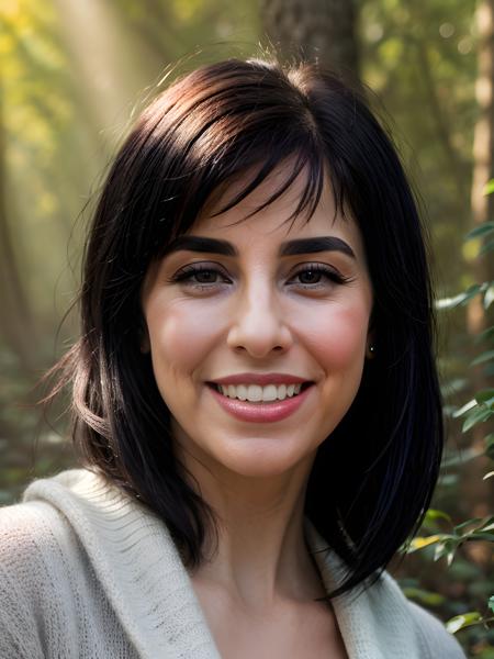 close-up portrait photo of ( S4r4hS1lv3rm4n_V1-emb, (black hair)++, (brown eyes), smile, teeth, (knitted sweater)), (in a forest, spring colors, warm sunlight)++, 8k uhd, high quality, dramatic, bokeh