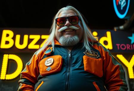 Buzz Daddy is a larger-than-life character, exuding charisma with a signature grin reminiscent of Riccardo Villalobos. His playful, lighthearted aura contrasts with his bulky, chubby physique. He’s decked out in a corporate tracksuit with vibrant psychedelic details, featuring a standout orange piece that reads “The Road to Torino.” His look is completed by a massive yogurt buckle shaped like a buzz coin, long, straight white hair, and a rugged Harley biker-style mustache and beard that add a tough, custom flair. His Ray-Ban Wayfarer goggles reflect the electric glow of digital yellow signs, while he mischievously tosses stacks of Buzz coins around.
Buzz Daddy’s personality is zany, artistic, and captivating—his presence radiates the vibe of a meme king who thrives on humor and unpredictability. In the scene, “Buzz Daddy” is showcased in luminous, cinematic letters, whether displayed on a neon-lit billboard, a glowing mural, or boldly printed across his ultra-realistic jacket. The composition merges digital and artistic styles, creating a playful yet composed visual experience. The atmosphere is surreal and meme-driven, highlighting Buzz Daddy’s larger-than-life persona with influences from aidmafluxpro1.1, aidmaMJ6.1, and aidmahyperrealism, ensuring an unforgettable visual impact.