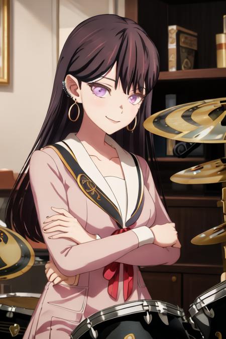 best quality, masterpiece, highres, solo, {shiina_taki_bangdreamitsmygo:1.15}, long_hair, black_hair, purple_eyes, mole_under_eye, mole, bangs, indoors, brown_hair, 1girl, earrings, instrument, jewelry, smile, drum, ear_piercing, drum_set, piercing