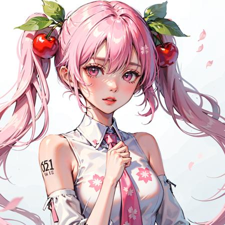 (masterpiece, best quality:1.25), 1girl, solo, <lora:Sakura_Miku-10:1>, pink hair, pink eyes, twintails, food-themed ornament, cherry_ornament, ((cherry_blossom print)), sleeveless, sleeveless shirt, detached sleeves, white shirt, pink necktie, petals, pink skirt, <lora:epiNoiseoffset_v2:1>, rim light, (white_pantyhose), tattoo, bare_shoulders, pink theme, upper body, close-up, cowboy shot,