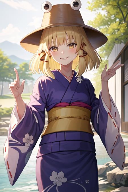 best quality, masterpiece, highres, solo, {yukata:1.40}, {kimono:1.20}, {moriya_suwako_touhou:1.15}, blonde_hair, hat, ribbon, hair_ribbon, vest, smile, yellow_eyes, bangs, red_ribbon, brown_headwear, purple_vest, sidelocks, short_hair