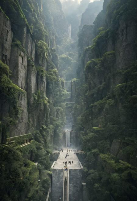(POV view , DOF, first people view from the entrance, low angle shot:1.4), in the rainforest, mist,
(Ancient civilization, Alien Prometheus movie scene, dune movie scene:1.5), (The colonial city of the future, in the mist-filled Grand Canyon, on an unknown Earth-like planet, 2 moon on sky, Spaceship flight connects colonies, waterfulls:1.3), (Machu Picchu, a mountain settlement, incredibly spectacular:1.2), (Mario Botta:1.3), (avant-garde, future, reality, science fiction, photorealistic), (modern architecture:1.2), White limestone and black granite, fountain, waterfall, landmark, square, path, narrow street,
(Large Files, Ultra Realistic, 8K, 16k, FHD, HD, VFX, Perfect, Photography, composition, Architecture Sales Photography, Architecture Competition, Ultra High Resolution, Cinematography, High Resolution Image:1.1), (dramatic lighting, direct sunlight, ray tracing, clear shadow:1.2),  (real landscape:1.1), (blurred background:1.0), (urban background, more_details) ,
extremely detailed, hillscastel, great lighting, Factory