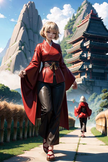 1girl, fullbody, standing, slim, (bamboo trees), kabuto, red samurai armor, misty air, strong sunlight, mossy path, mountain village, huge weapon, mountain top scenery, full length robes, pants, shoes