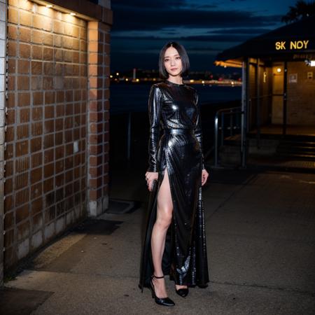 8k,4k,intricate details, RAW photo, ultra realistic,best quality,masterpiece,ultra detailed,high resolution,ayano omoto, 1girl,solo, outdoors,beach background, bob cut hair, shiny,tight long black  dress,night city,slender,show high heels
<lora:AyanoOmotoBRAv2:0.9>  <lora:AsianPussy1 v2:0.3> <lora:more_details:0.6>