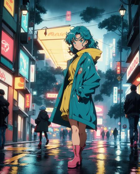 (masterpiece, 1980's anime, detailed background:1.2), cute girl with wavy teal hair, wearing yellow raincoat and matching rain boots, walking down rainy city street holding umbrella, surrounded by busy people under umbrellas, puddles on the ground reflecting neon signs, cars driving by sending up mist, shops with glowing signs, flickering streetlamps, nighttime in the rain, retro anime style ,close_up