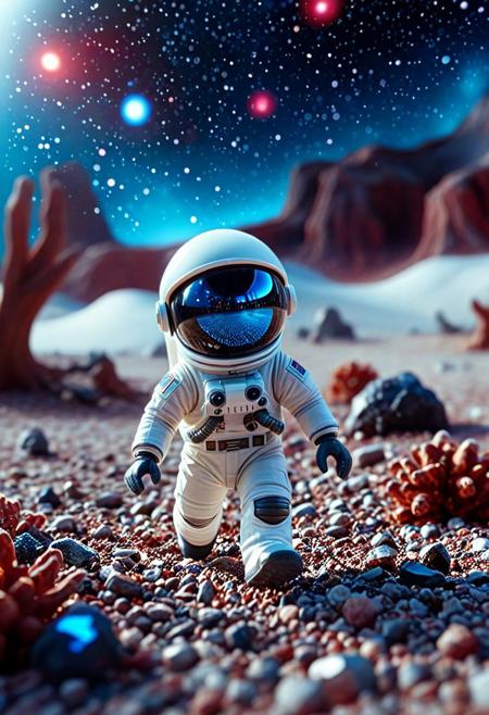 8k, Tilt shift photography style, a astronaut, blue mirror visor, running, ( Unmanned:1.2), land of alien planet, gemmed landscape, nebula background,