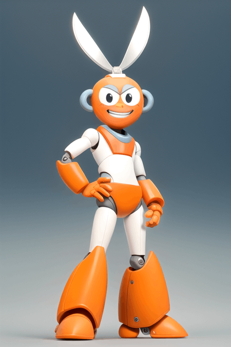 1boy, solo, (no nose:1.1), (cut_man:1.2), head scissors, shears, orange face, bodysuit, orange boots, orange gloves, robot, robot joints, smile, half-closed eyes, cute, standing, grin, teeth, hands on hips, perfect hands, (masterpiece, highly detailed:1.2), no humans, noseless