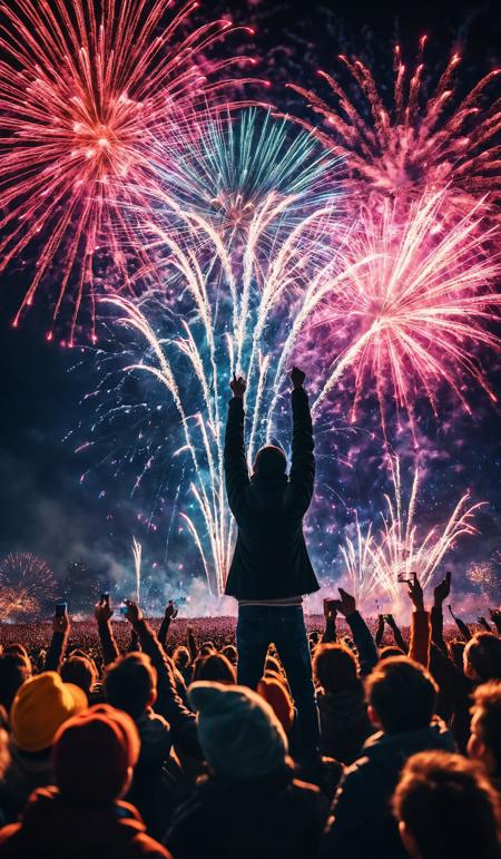 New Year concept - cheering crowd and fireworks, cinematic look, film, breathtaking photograph, award-winning, professional, dlsr, dramatic light, highly detailed . 35mm photograph, 4k, vivid colors, warm atmosphere, focus stacking, shot on hasselblad, reflections, <lora:add-detail-xl:1>, <lora:SDXLHighDetail:0.5>