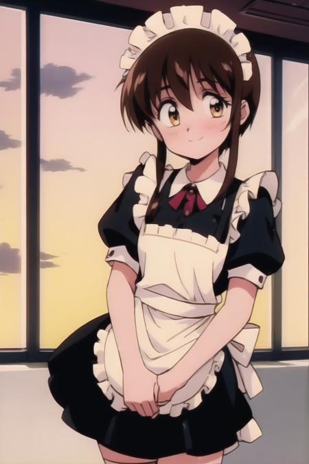 masterpiece, best quality,highres 
BREAK 
tita, (1girl), (solo), brown hair, short hair, short hair with long locks, brown eyes, small breasts, 1990s \(style\), retro artstyle 
BREAK 
kind smile, nose blush
BREAK 
maid costume, maid headdress, maid apron, 
BREAK 
grassland, cowboy shot, looking at viewer <lora:tita_plastic_little_v7:1>