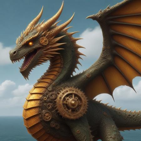 digital art images, beautiful, fantasy, and complex, detailed portrait , 
clockwork Eastern_dragon made of gears, cyber-like style
Flying in the sky, roar:1.4, wings spread wide, ,
fiery colors, deep green, electric yellow, molten golden edges, 
beautiful, closeup shot,
flash,bolt
sea, day time, cloudy,
masterpiece, photorealistic, highly detailed,